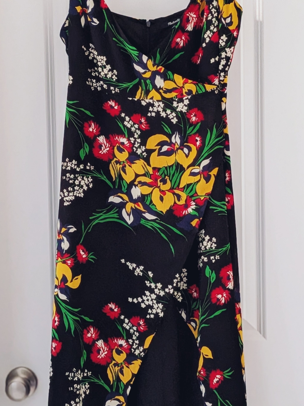 Madewell Black Midi Wrap Dress with Yellow, Red & Green Floral Print